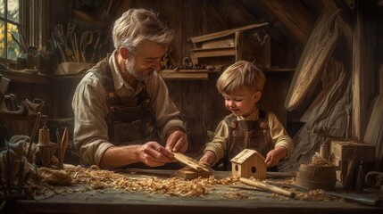 Poster - A man and a child craft a wooden birdhouse together in a workshop filled with tools.