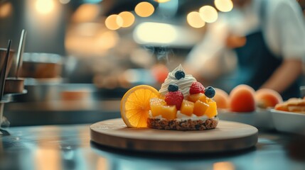 Canvas Print - A beautifully plated dessert with fruits and cream, set in a kitchen environment.