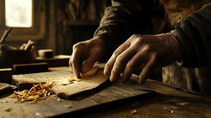 Poster - A craftsman shaping wood with care in a workshop, showcasing skill and artistry.