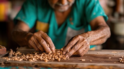 Canvas Print - An elderly person skillfully works with small pieces of wood on a table.