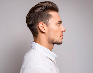 Wall Mural - Portrait profile handsome model man wearing white shirt with fashion short hair isolated on white background