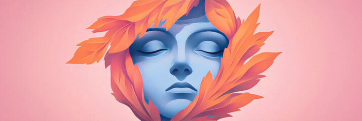 Sticker - A serene illustration of a woman's face with closed eyes, framed by vibrant orange leaves.