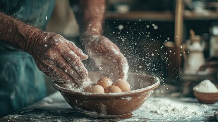 Poster - A person preparing dough with eggs in a rustic kitchen, emphasizing cooking and baking.