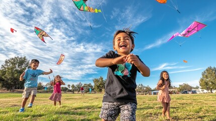 Canvas Print - Children joyfully flying kites in a sunny park, celebrating outdoor play and fun.