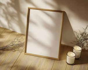 Wall Mural - Frame mockup close up in a beige cozy room with candles, 3d render