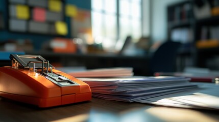 Wall Mural - A close-up of an orange stapler on a desk with stacks of papers in a bright office setting.