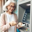 © customer solution - Photo of an old woman taking money from an ATM