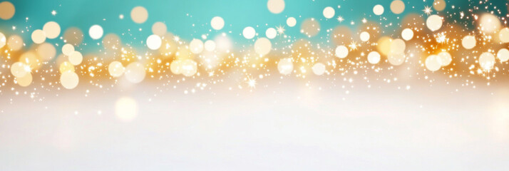 Abstract bokeh background with gold and blue colors.
