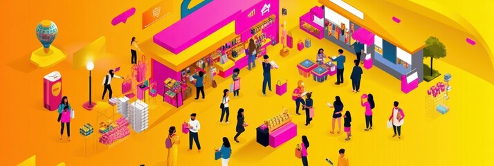 Wall Mural - A colorful market scene with people shopping and interacting in a vibrant setting.