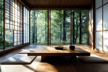 Wall Mural - Minimalist Japanese-style room with large windows showcasing a serene forest view. The room features shoji doors, a wooden low table, and floor cushions for seating.