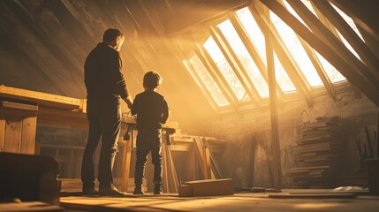 Sticker - A parent and child stand together in a sunlit attic, surrounded by wood and tools.