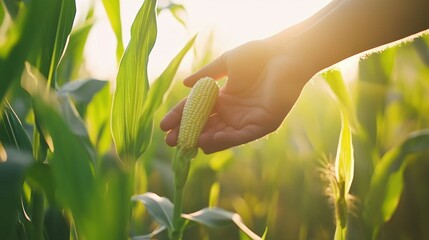 Canvas Print - A hand gently touches an ear of corn in a sunlit field, symbolizing agriculture and growth.