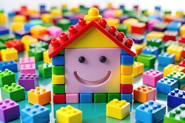 Colorful toy block building with a smiling face icon on top, surrounded by scattered colorful blocks and toys, against a soft white background.