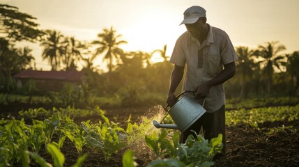 Wall Mural - A farmer watering plants during sunset in a lush field.