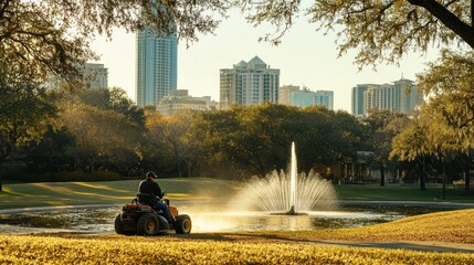 Poster - A serene park scene with a fountain and a person on a lawn mower against a city skyline.