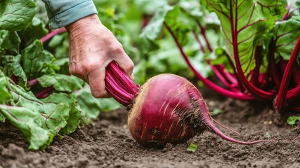 Sticker - A hand harvesting a large beetroot from the soil, showcasing gardening and agriculture.