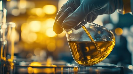 Canvas Print - A laboratory scene showing a hand holding a flask with a yellow liquid, indicating experimentation.