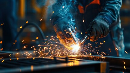 Poster - A welder working with sparks and smoke in an industrial setting.