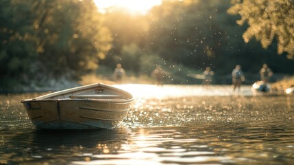 Sticker - A serene river scene featuring a boat and distant figures, illuminated by soft sunlight.