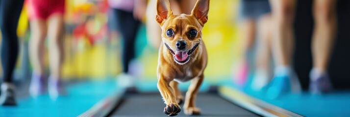 Canvas Print - A playful dog runs on a treadmill among people, showcasing fitness and fun.