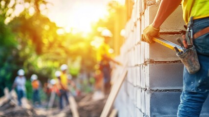 Poster - Construction workers building a wall in a sunny outdoor environment.