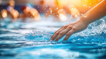 Poster - A hand splashes water in a pool, capturing a moment of leisure and enjoyment.