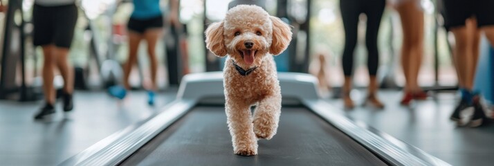 Canvas Print - A playful dog runs on a treadmill in a gym, surrounded by people exercising.