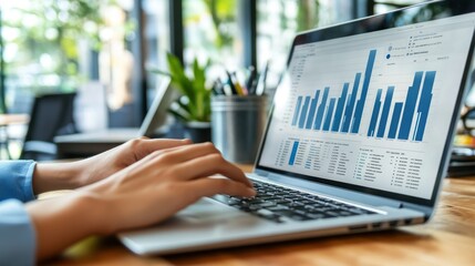 Wall Mural - A person typing on a laptop displaying data charts and graphs in an office setting.