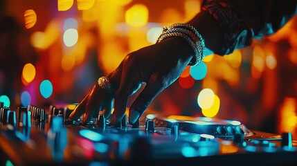 Canvas Print - A DJ's hand adjusts equipment amidst vibrant party lights.