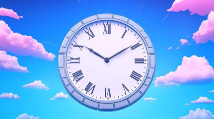 Canvas Print - A large clock face floats in a dreamy blue sky with fluffy pink clouds.