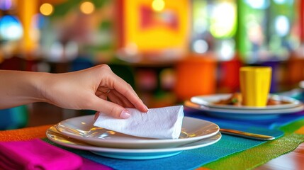 Canvas Print - A hand places a napkin on a plate in a colorful restaurant setting.