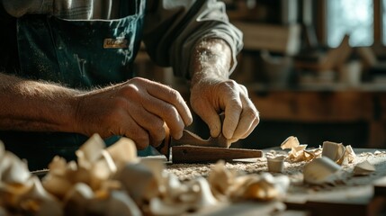 Poster - A craftsman shapes wood with a hand plane, surrounded by shavings in a workshop setting.