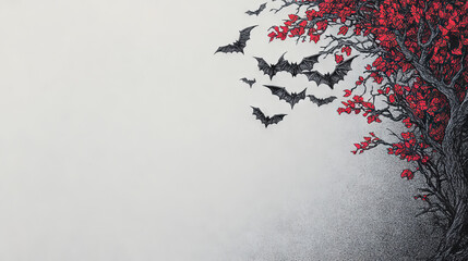 Poster - A hand-drawn illustration of bats flying past a dark, ominous tree with red leaves. A perfect image for your Halloween project.