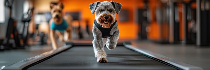 Poster - Two dogs running on a treadmill in a gym setting, showcasing fitness for pets.