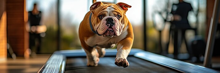 Poster - A bulldog runs on a treadmill in a bright gym, promoting fitness for pets.