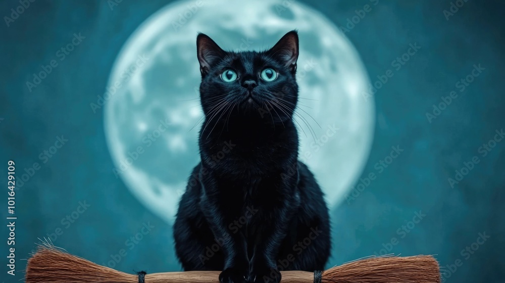 Mystical Black Cat Sitting on a Broomstick Under the Full Moon Spooky ...