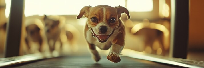 Wall Mural - A playful dog runs joyfully on a treadmill, surrounded by other dogs in a bright space.