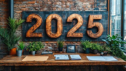 Poster - Modern office space featuring a large wooden 2025 sign with plants and desk documents
