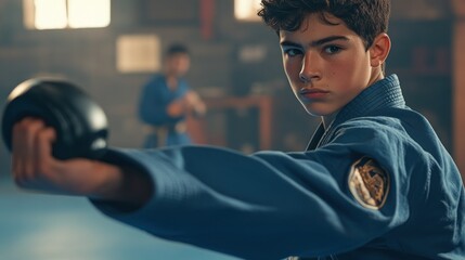 Canvas Print - A young martial artist practicing in a dojo, demonstrating focus and determination.