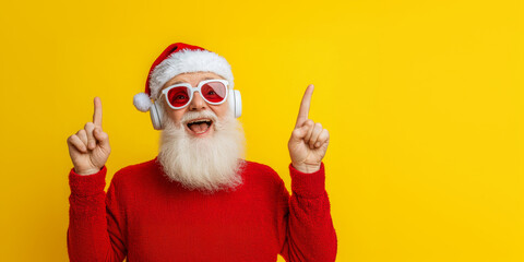 Joyful Santa Claus wearing sunglasses and headphones, celebrating festive season with bright yellow background. His cheerful expression adds to holiday spirit