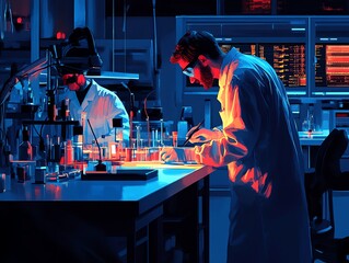 Poster - Two scientists in a laboratory, illuminated by blue and orange lights, conducting experiments and taking notes.