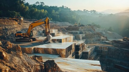 Canvas Print - Excavator working in a stone quarry, showcasing industrial activity and landscape alteration.