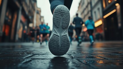 Sticker - A close-up of a runner's shoe on a wet street, capturing the essence of urban jogging.