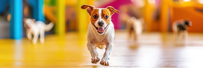 Poster - A joyful dog runs playfully in a colorful indoor space with other dogs in the background.