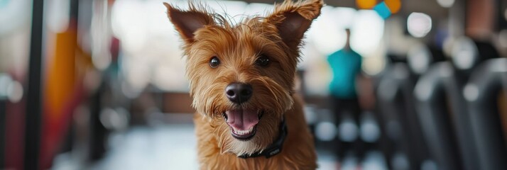 Sticker - A happy dog in a gym setting, showcasing a lively atmosphere.