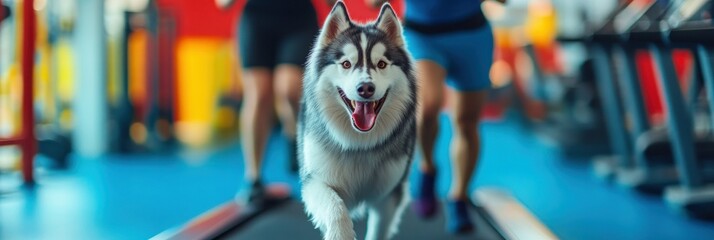 Sticker - A happy husky running on a treadmill alongside people in a gym setting.