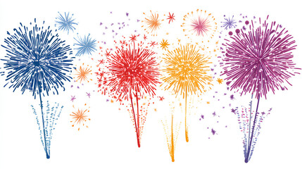 Watercolor illustration of five colorful fireworks exploding against a white background.