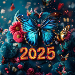 Sticker - Happy new year 2025 colorful flower butterfly design.