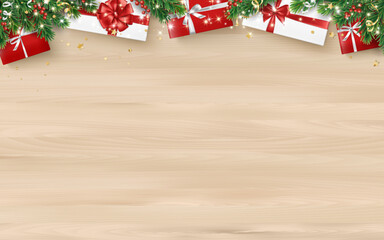 Wall Mural - Christmas background with presents and fir-tree branches. Holiday decoration with gift boxes on wooden background. Frame for New year banners, gift certificates, social media. Copy-space for text.