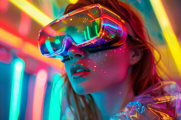 Poster - Fashion model person wearing futuristic shiny glamorous VR goggles watching cyberpunk video, Generative AI
